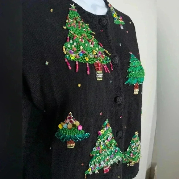 Vintage Michael Simon Cardigan Christmas Trees Embellished sweater Size Medium - Picture 4 of 12